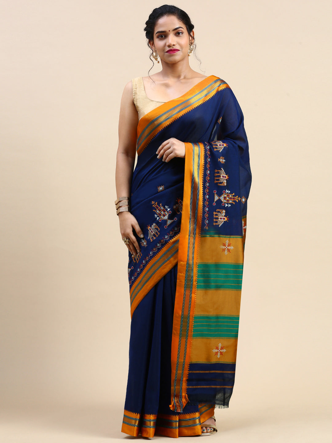 Kasuti Work Handloom Cotton Blend Saree in Dark Blue