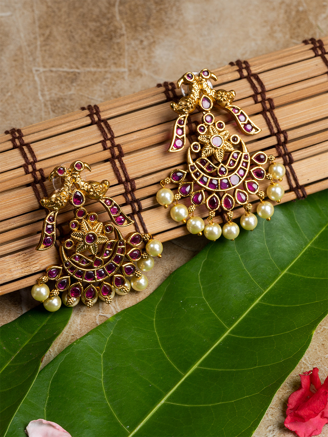 Magenta & Gold Peacock Shape Drop Earrings by ITARA
