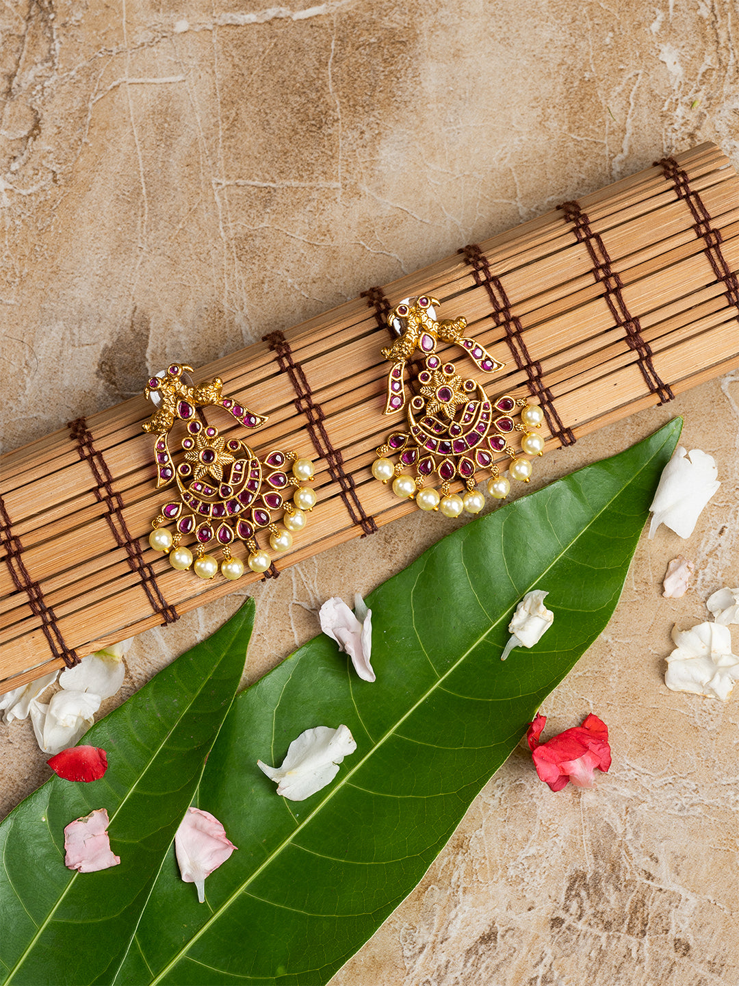 Magenta & Gold Peacock Shape Drop Earrings by ITARA
