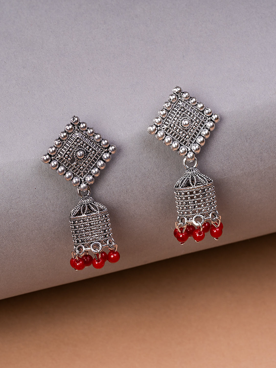 Silver & Red Square Oxidised Earrings