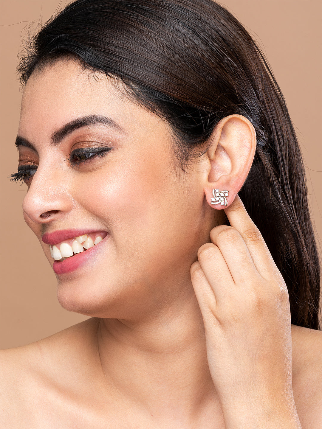Silver & White Floral Studs – Rhodium-Plated with American Diamonds