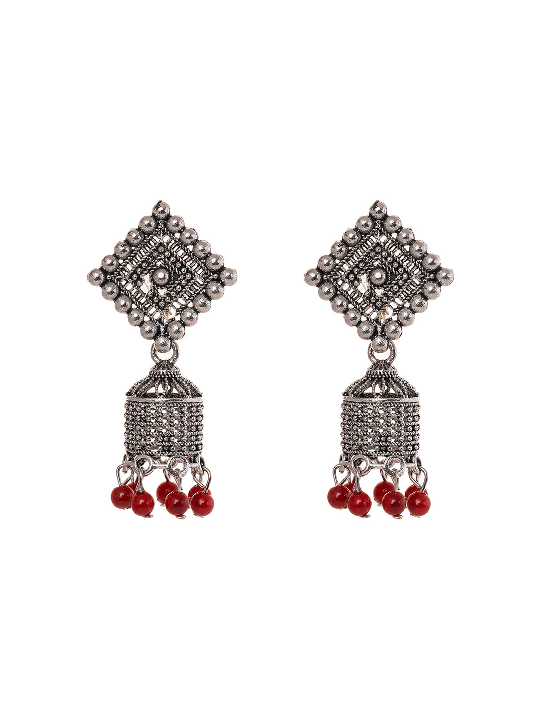Silver & Red Square Oxidised Earrings