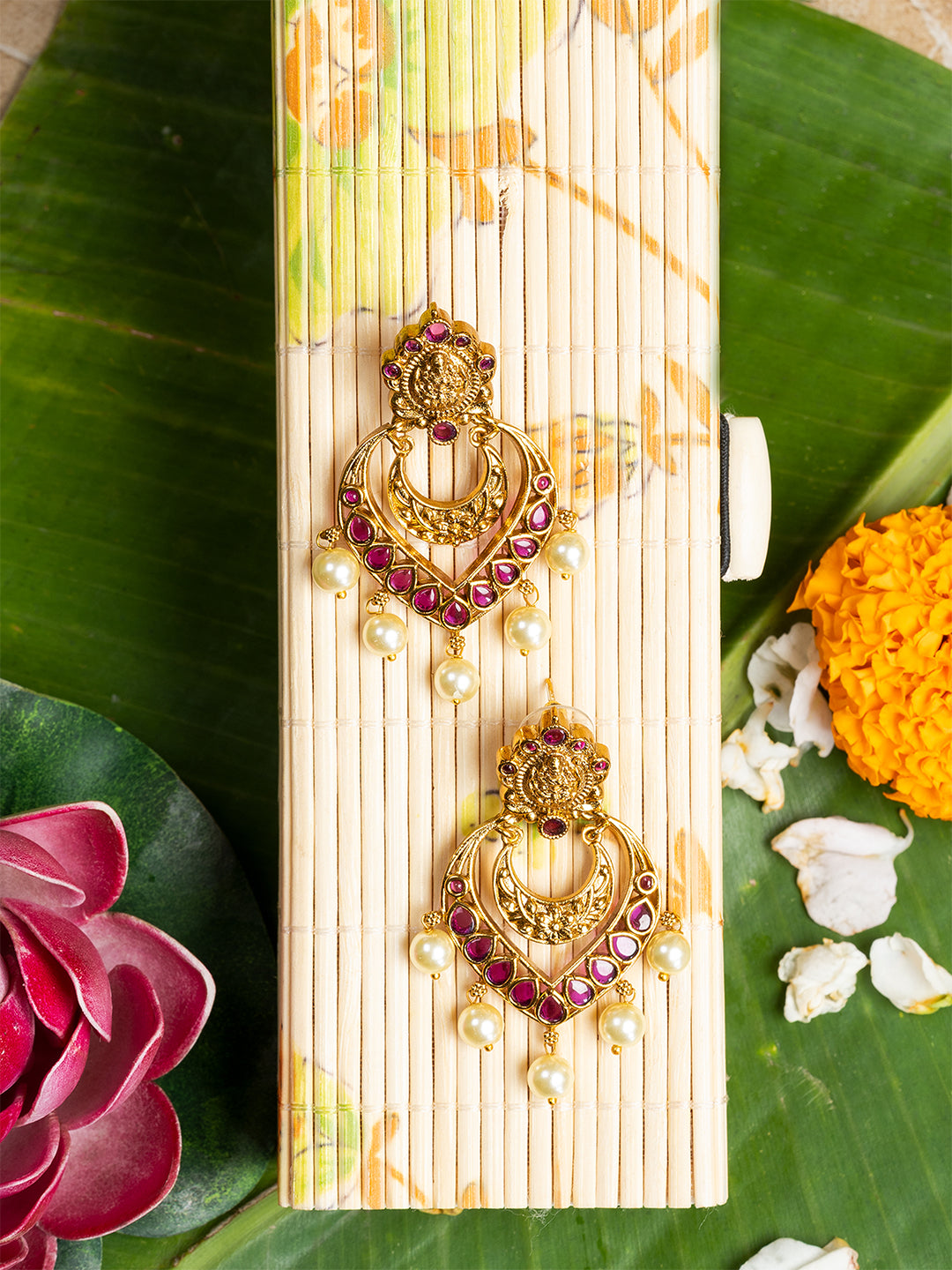 Magenta & Gold Crescent Shape Drop Earrings by ITARA