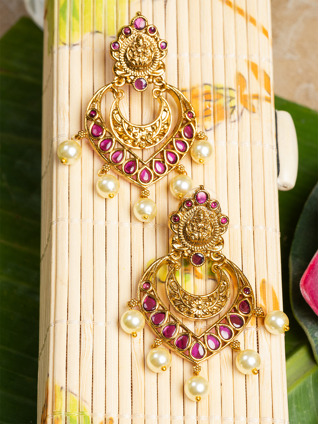 Magenta & Gold Crescent Shape Drop Earrings by ITARA