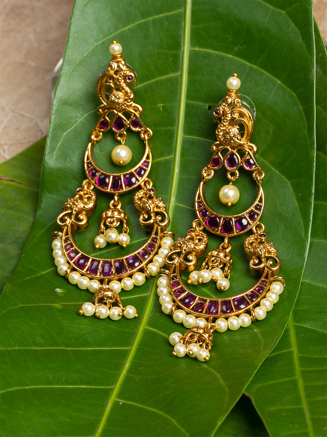 Magenta & Gold Crescent Shape Drop Earrings by ITARA