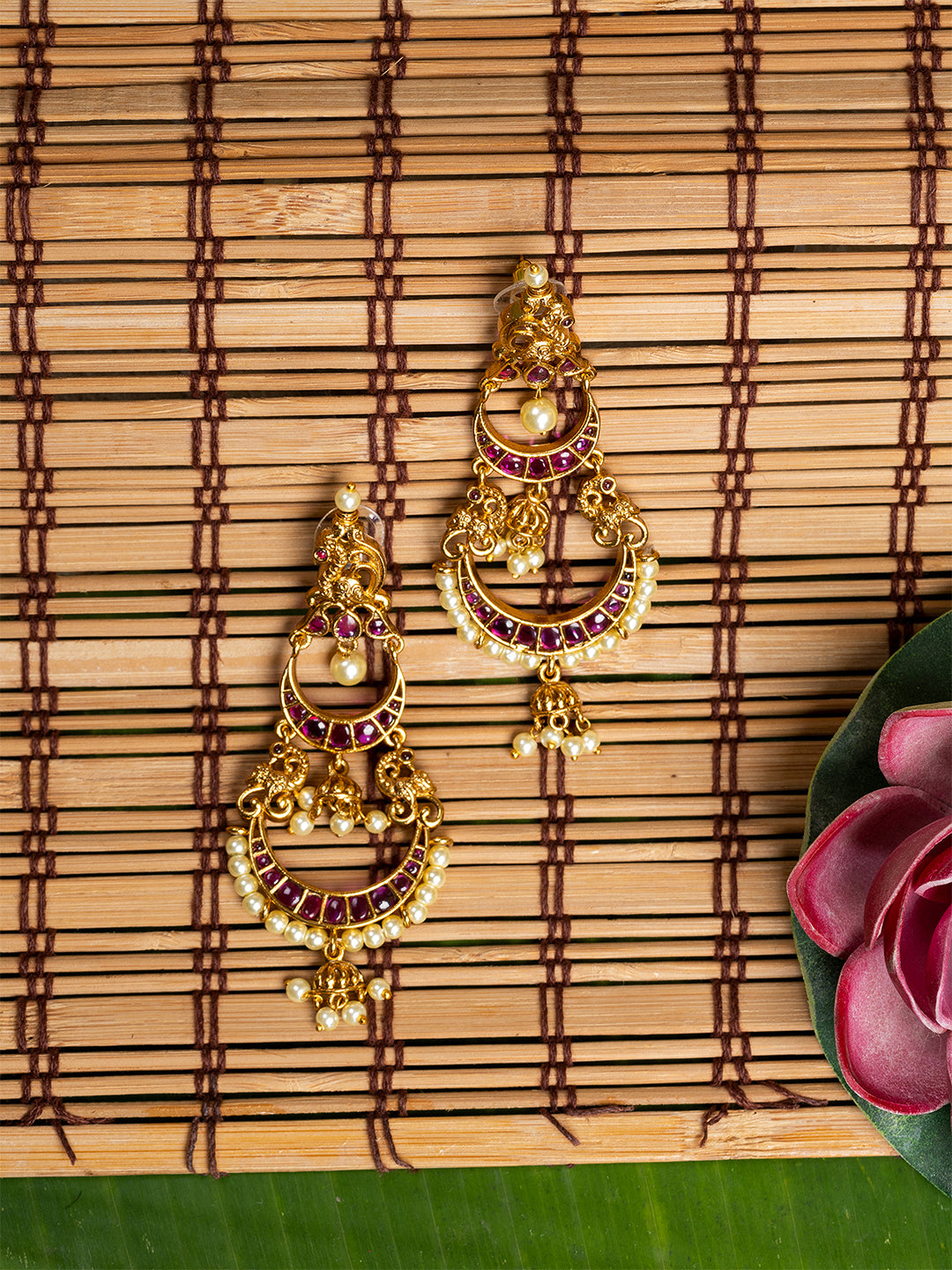 Magenta & Gold Crescent Shape Drop Earrings by ITARA