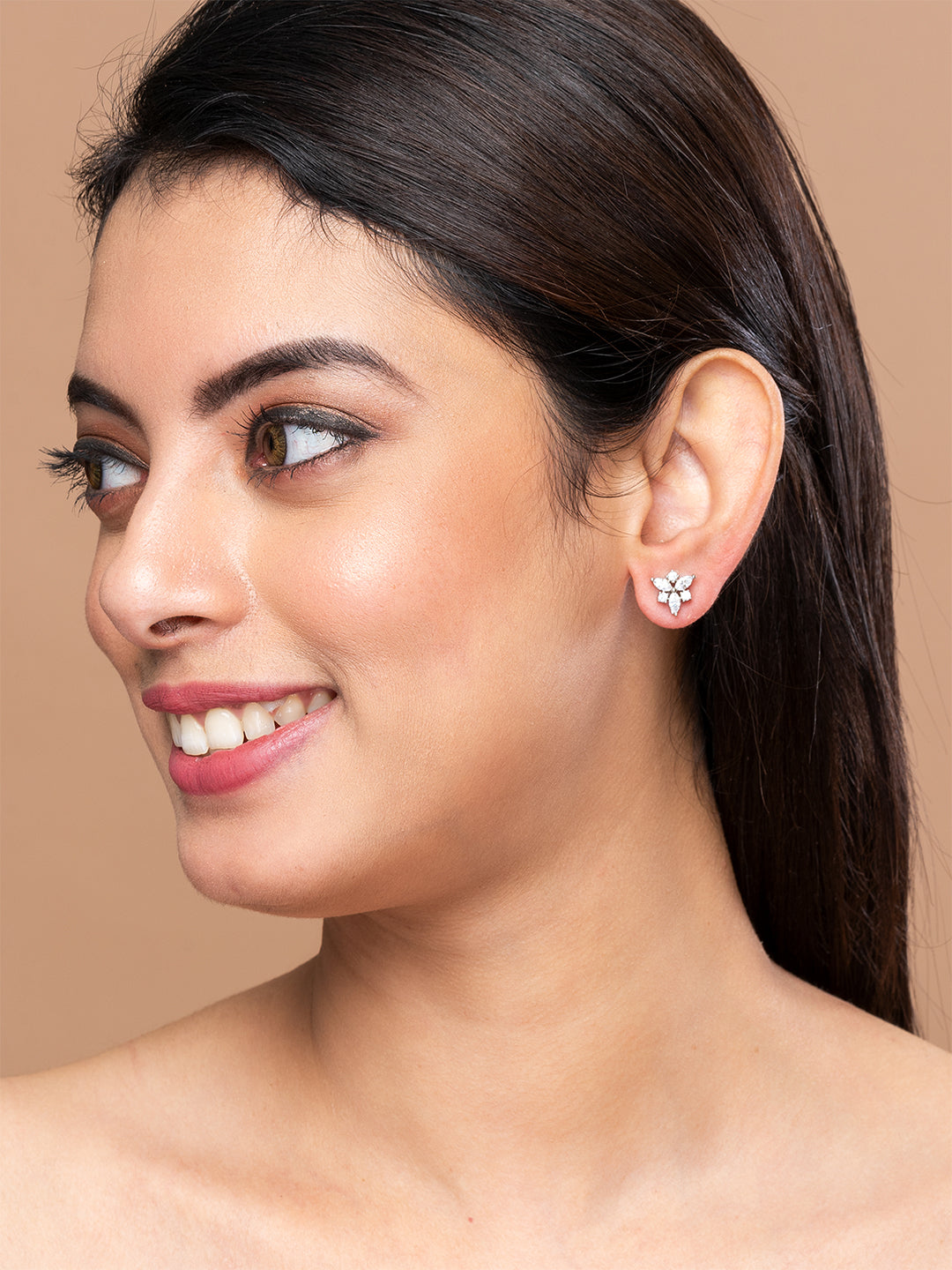 Silver & White 3-Stone Floral Studs – Rhodium-Plated with American Diamonds