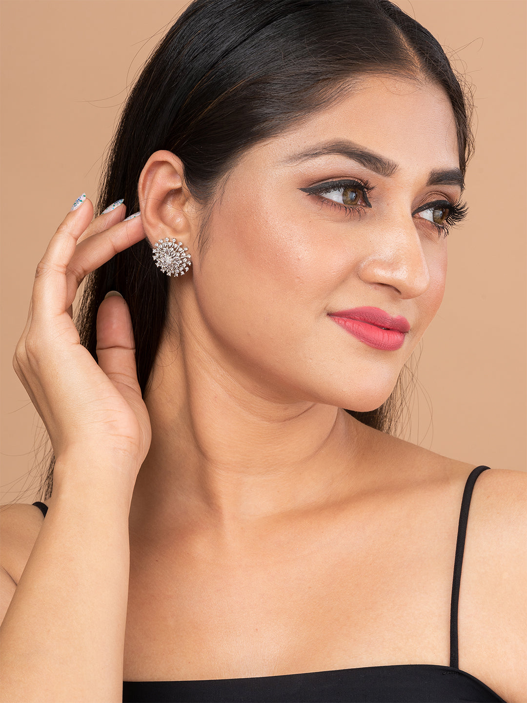 Silver & White Floral Shape Stud Earrings by ITARA