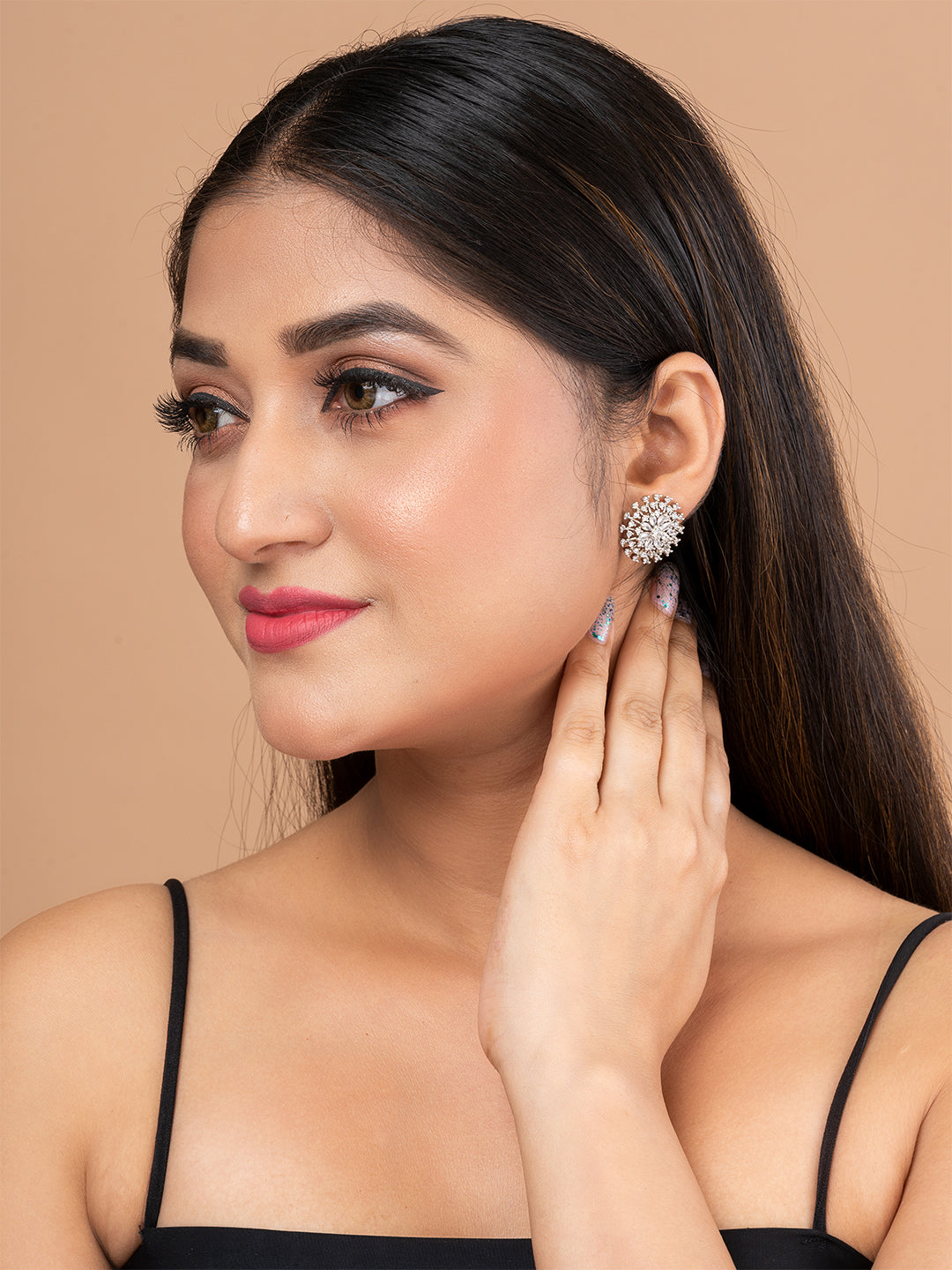 Silver & White Floral Shape Stud Earrings by ITARA