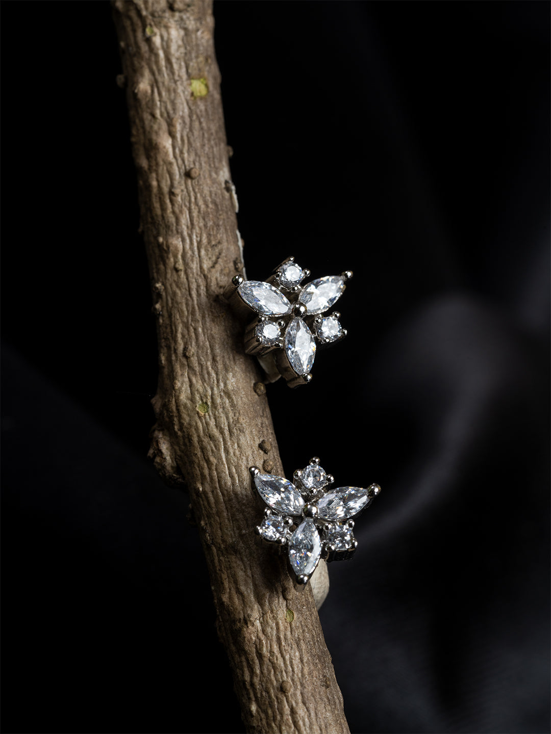 Silver & White 3-Stone Floral Studs – Rhodium-Plated with American Diamonds