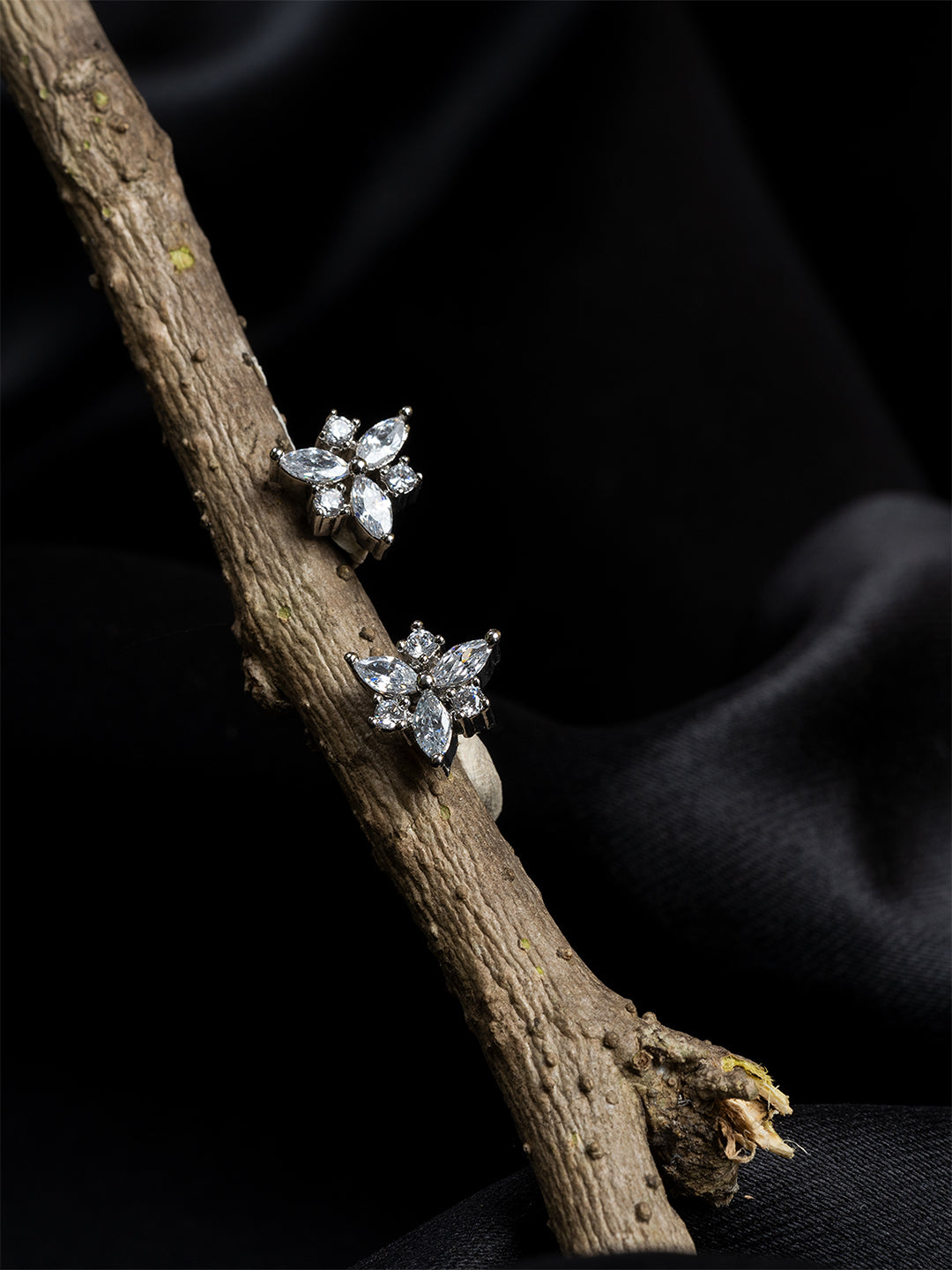 Silver & White 3-Stone Floral Studs – Rhodium-Plated with American Diamonds