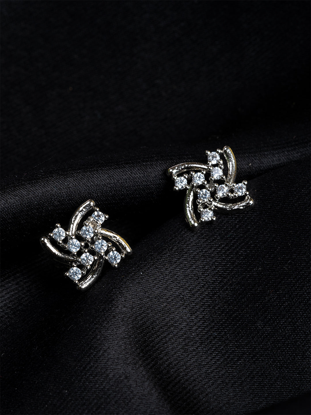 Silver & White Floral Studs – Rhodium-Plated with American Diamonds
