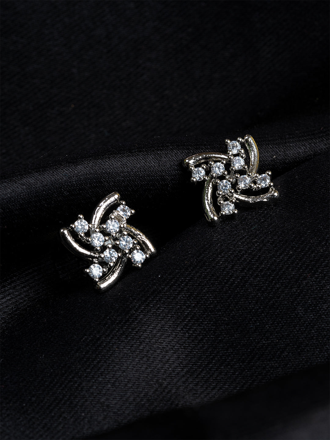 Silver & White Floral Studs – Rhodium-Plated with American Diamonds