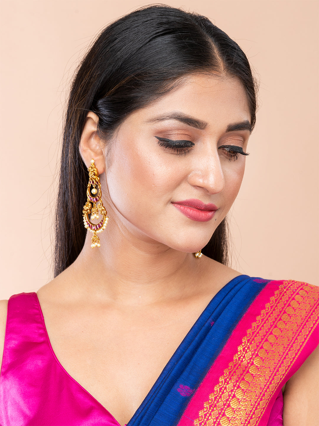 Magenta & Gold Crescent Shape Drop Earrings by ITARA