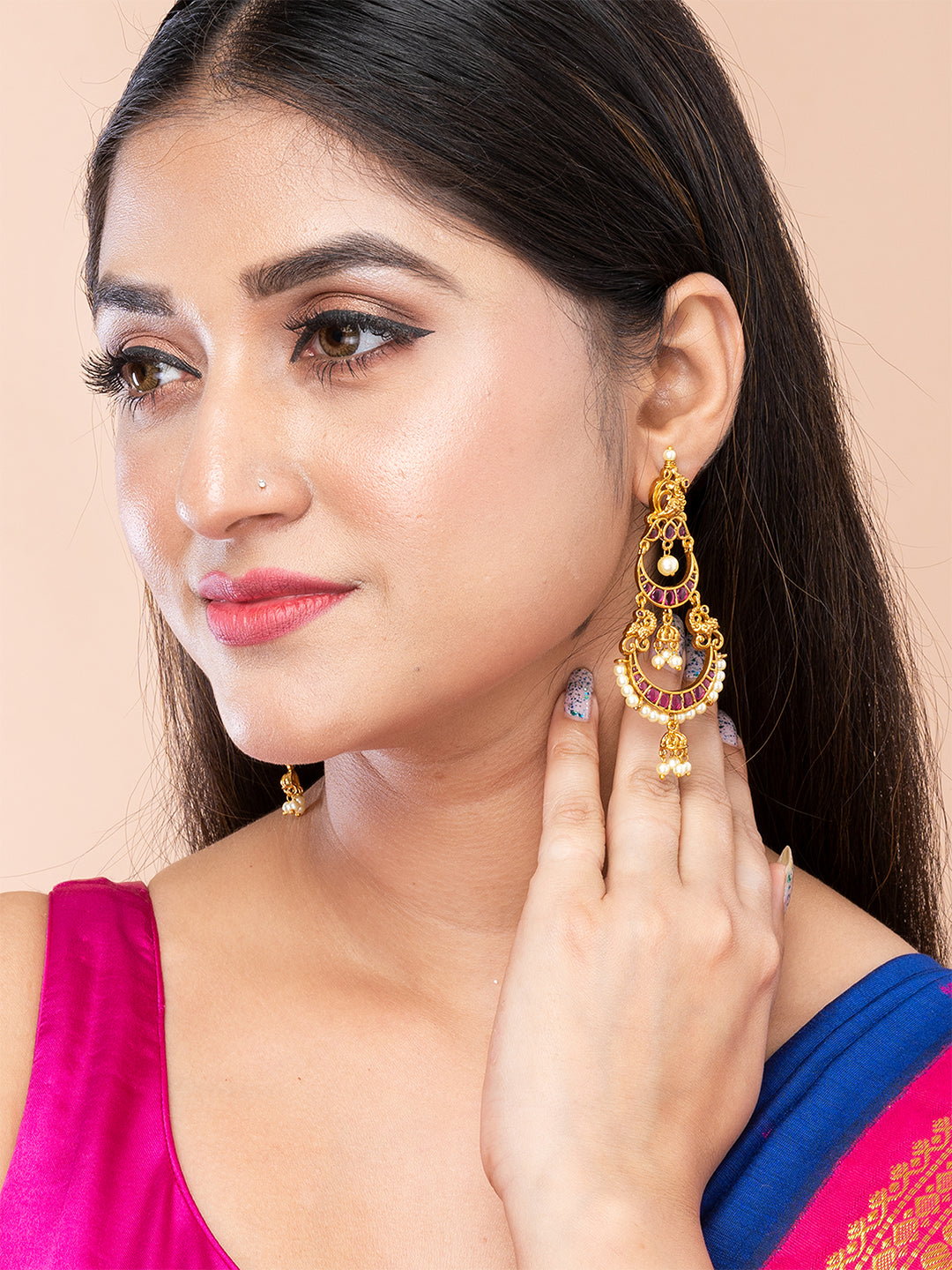 Magenta & Gold Crescent Shape Drop Earrings by ITARA