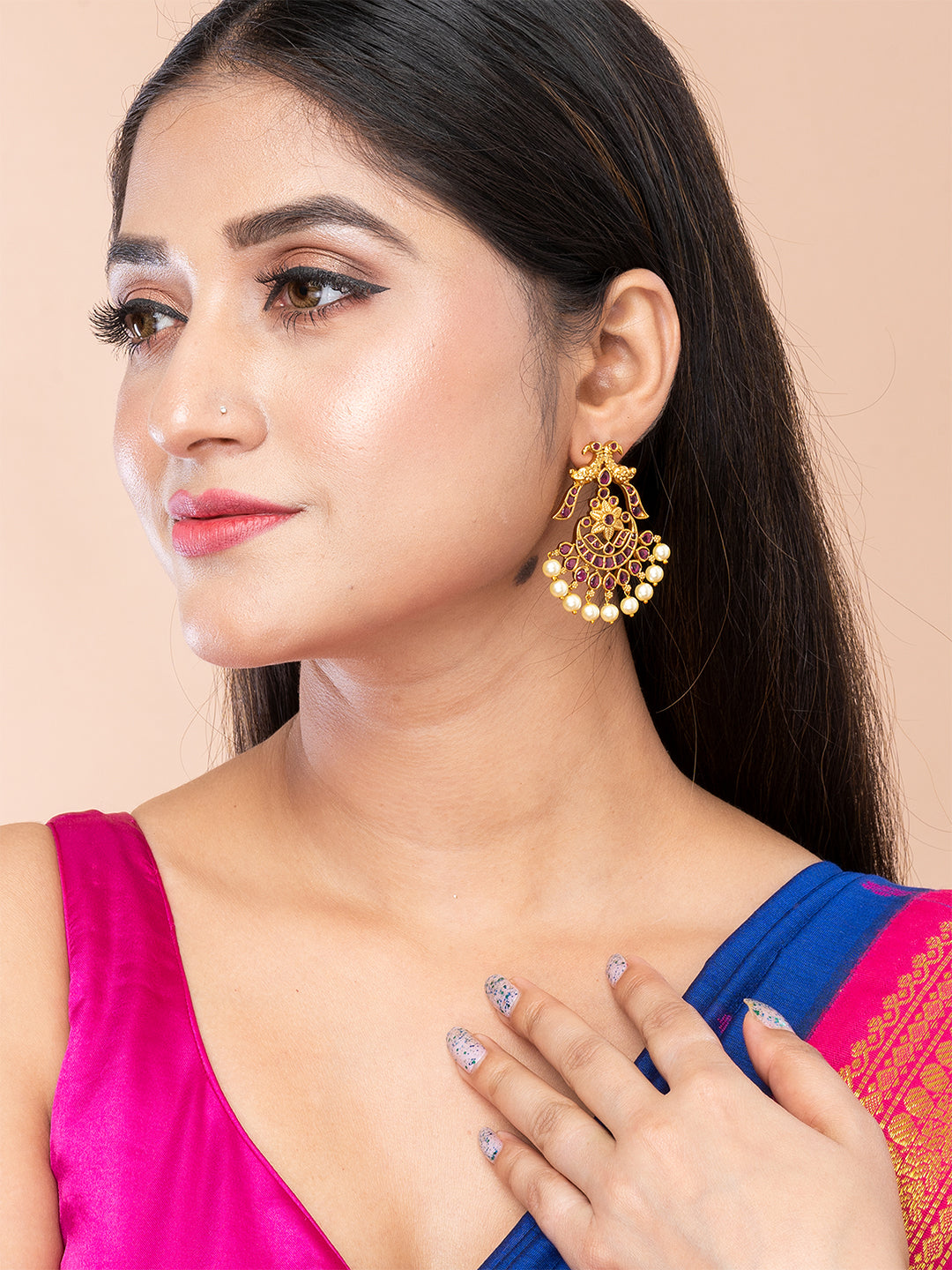 Magenta & Gold Peacock Shape Drop Earrings by ITARA