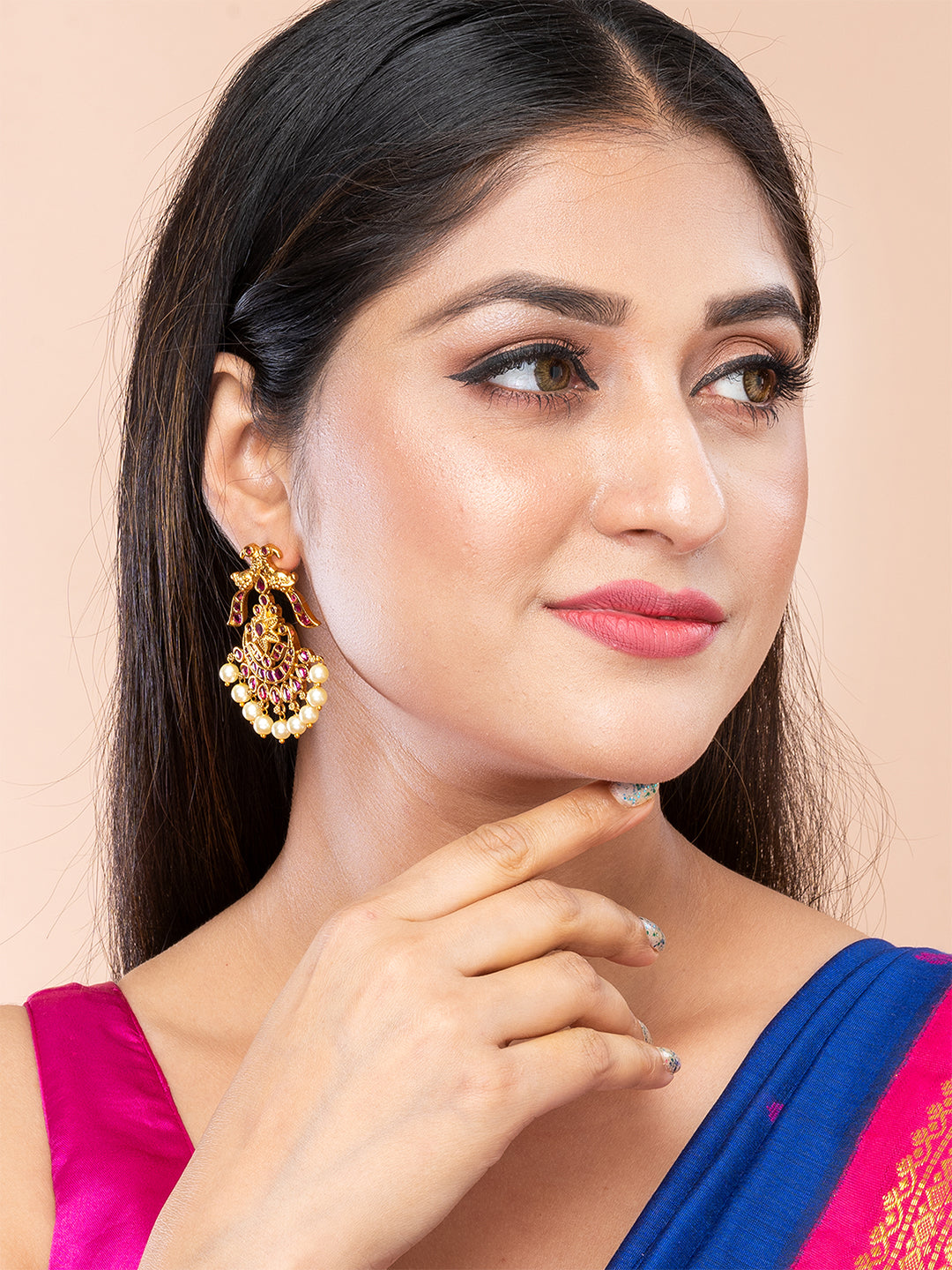 Magenta & Gold Peacock Shape Drop Earrings by ITARA