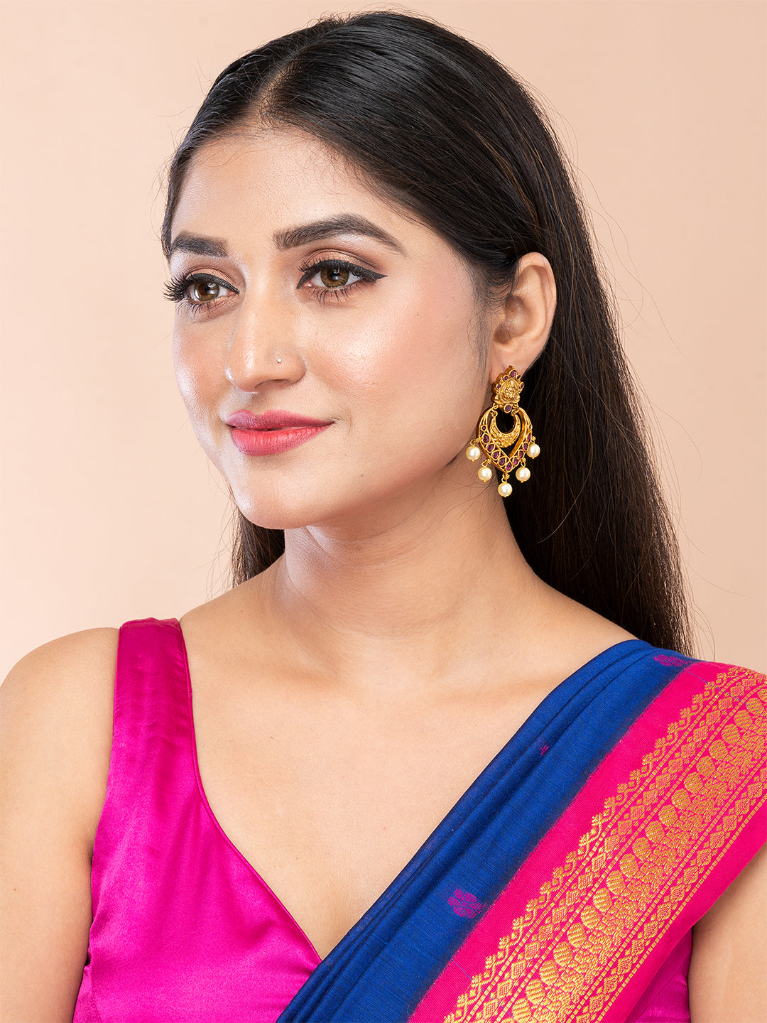 Magenta & Gold Crescent Shape Drop Earrings by ITARA