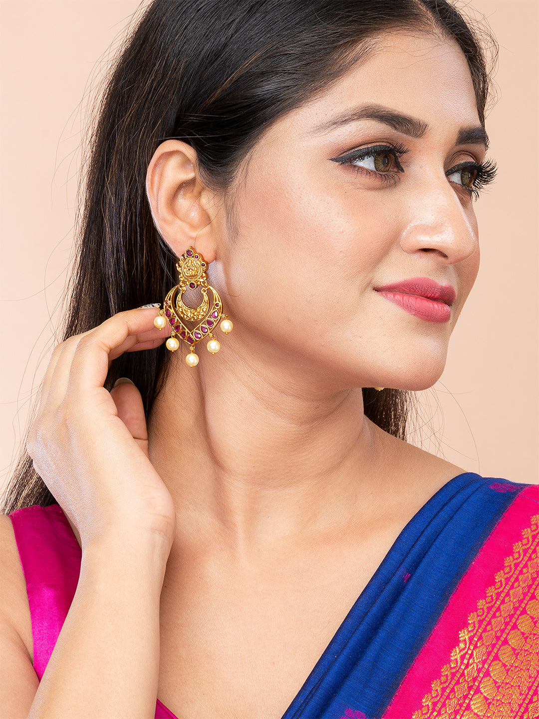Magenta & Gold Crescent Shape Drop Earrings by ITARA