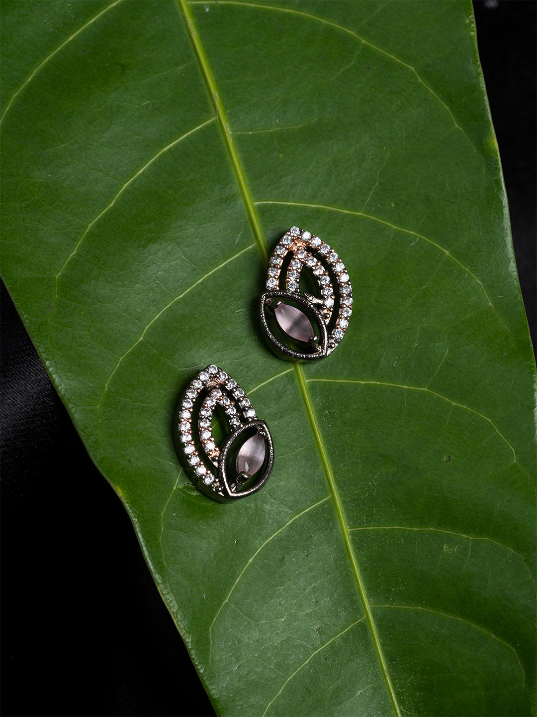 Grey & White Leaf-Shape Stud Earrings