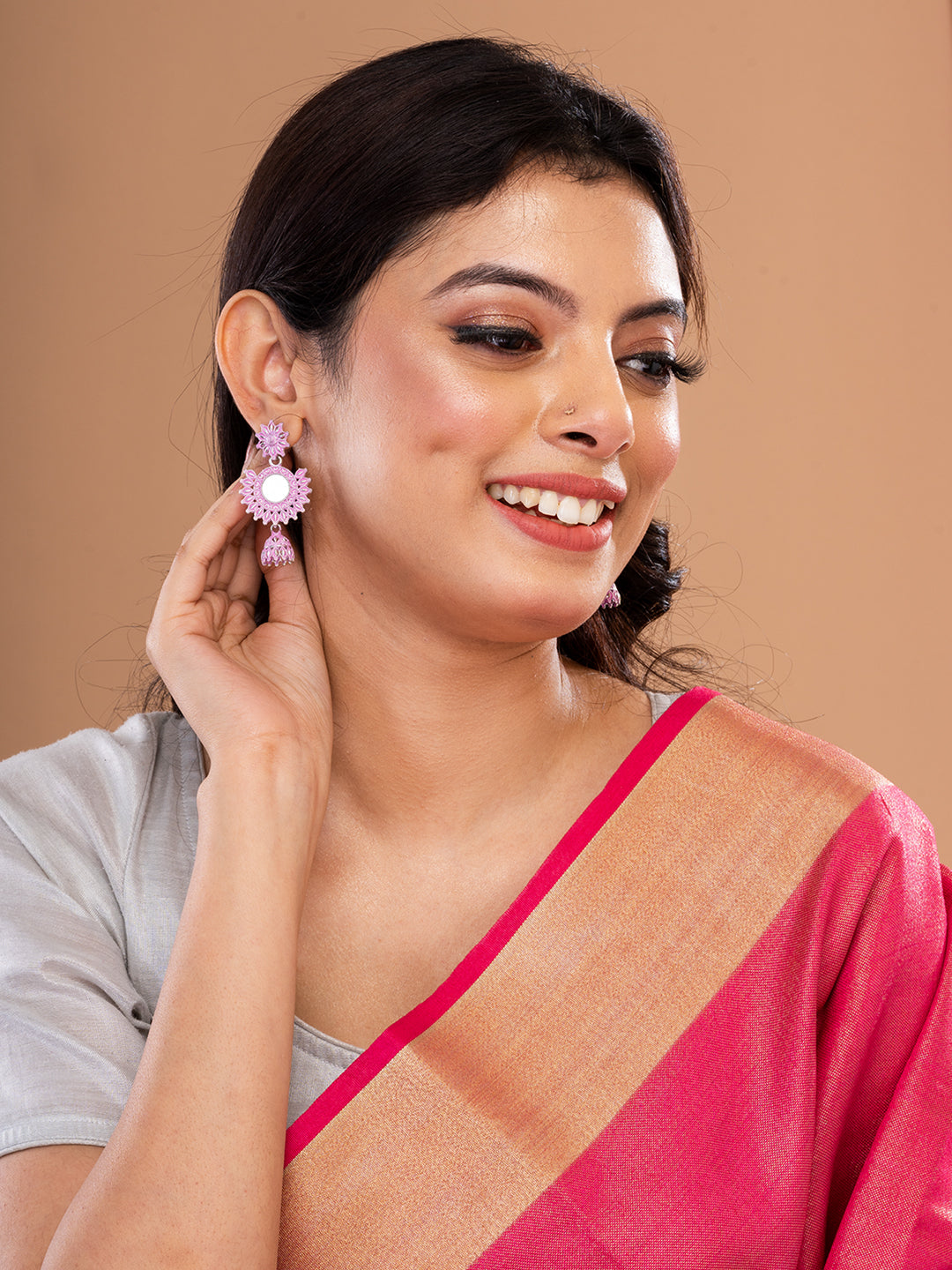 Silver & Pink Circular Drop Earrings