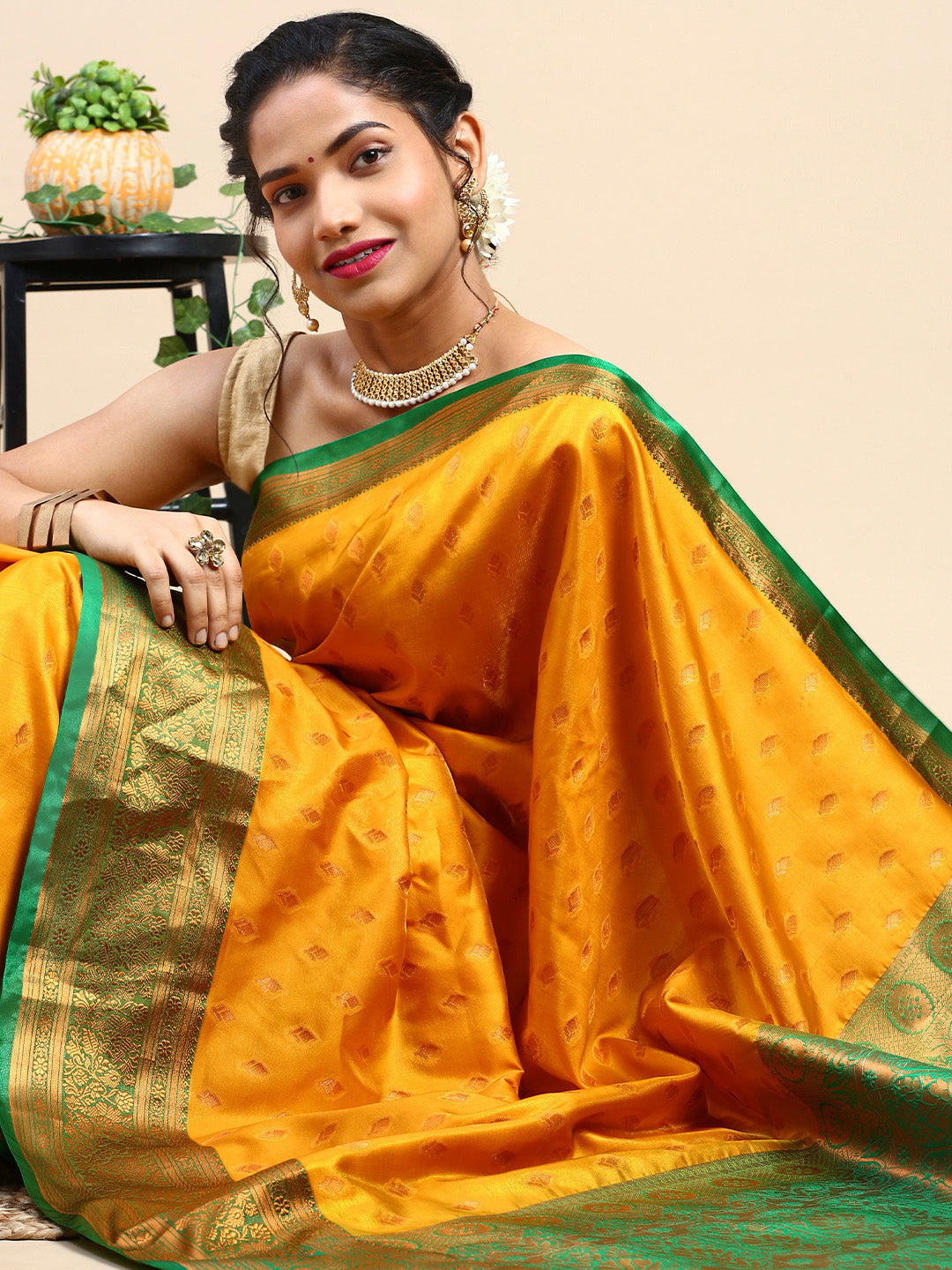 Golden Yellow Kanchipuram Butta Work Saree