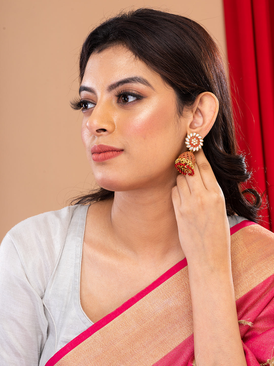 Golden & Red Dome Shaped Jhumkas