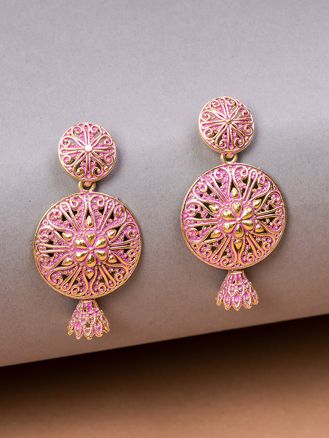 Golden & Pink Circular Drop Earrings