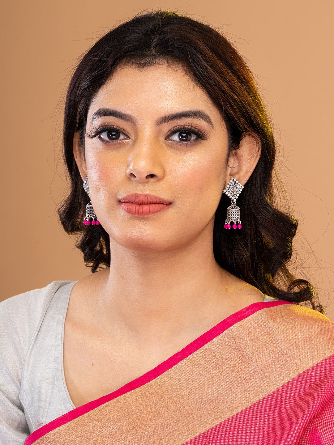 Silver & Pink Square Oxidised Earrings