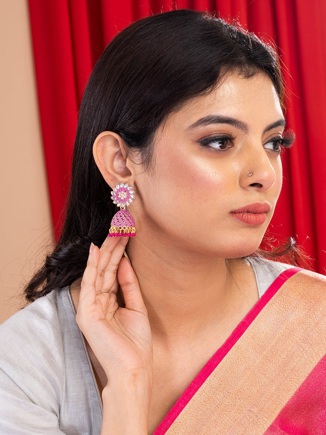 Golden & Pink Minakari Dome Shaped Jhumkas