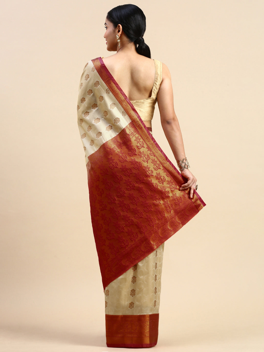 ITARA Beige Kanchipuram Butta Work Saree