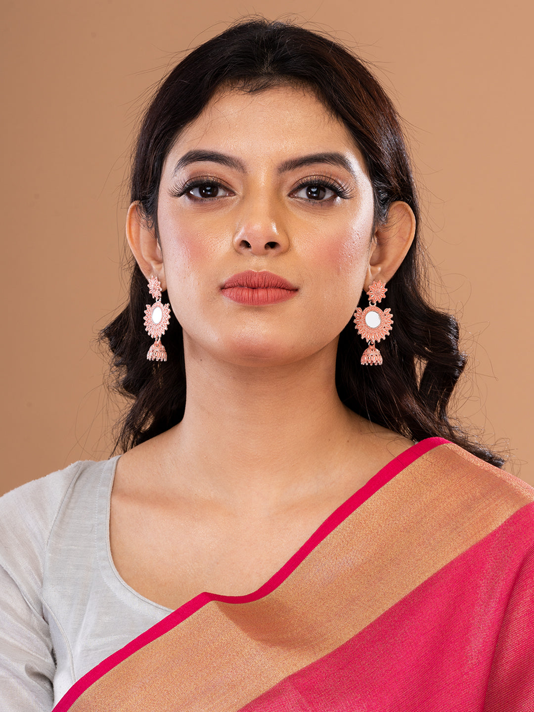Silver & Peach Circular Drop Earrings