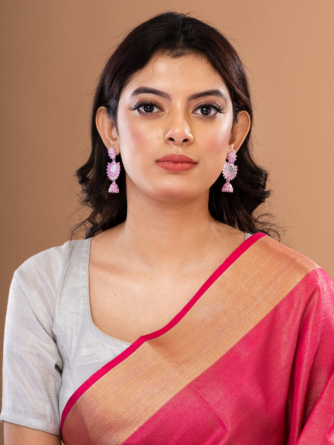 Silver & Pink Circular Drop Earrings