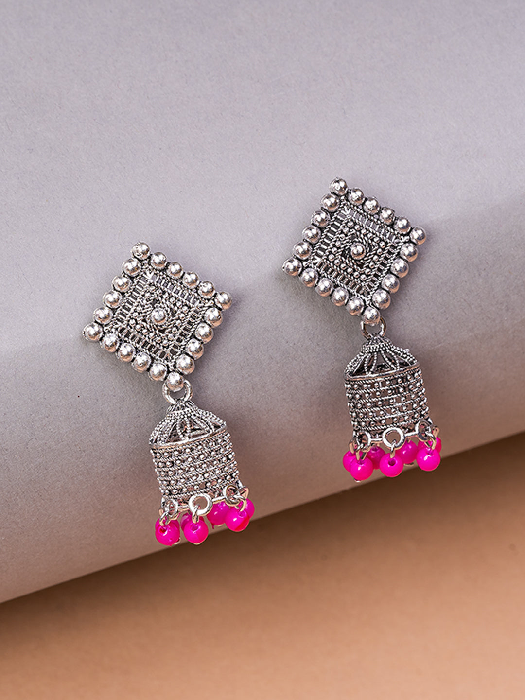 Silver & Pink Square Oxidised Earrings
