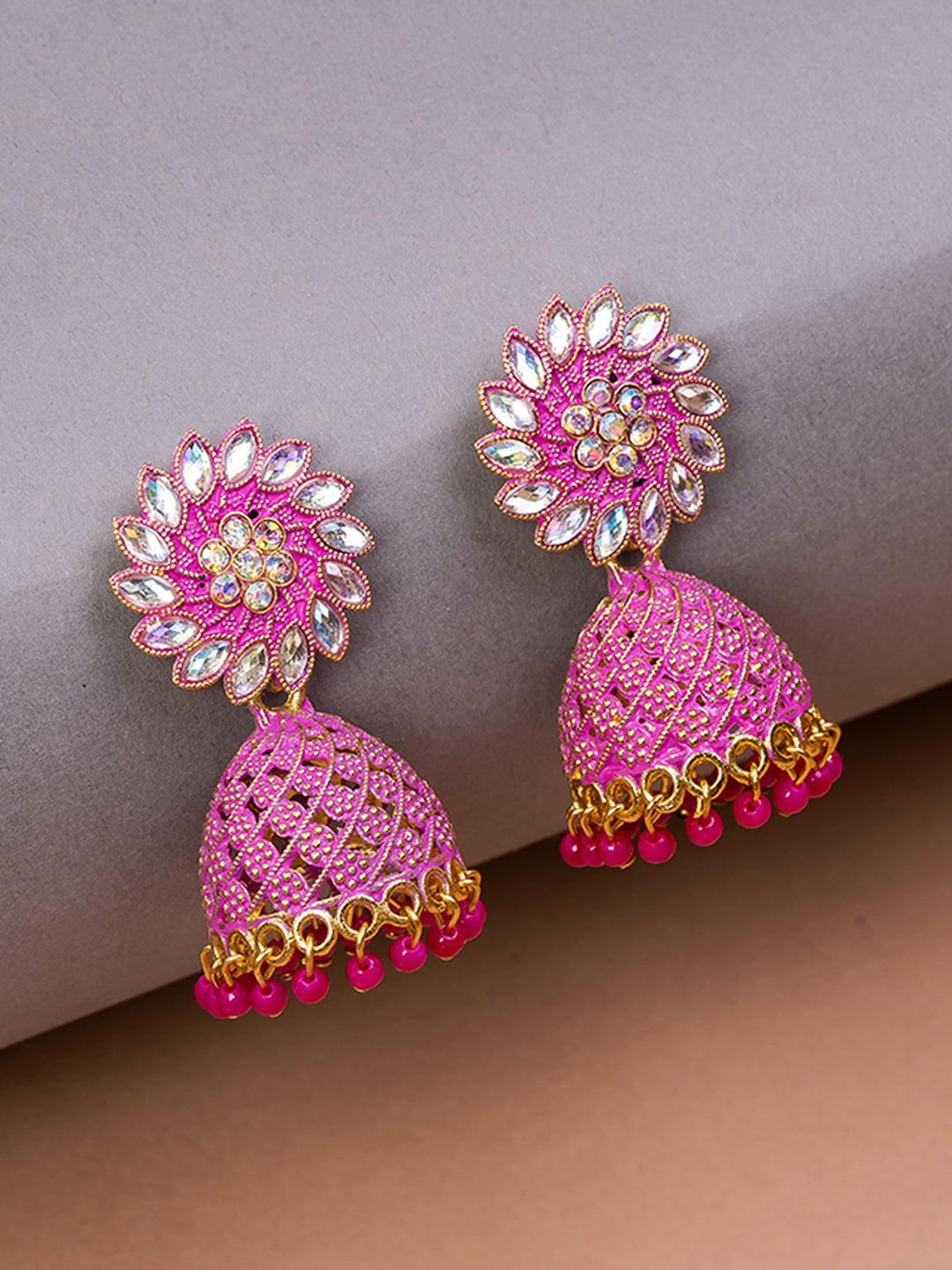 Golden & Pink Minakari Dome Shaped Jhumkas