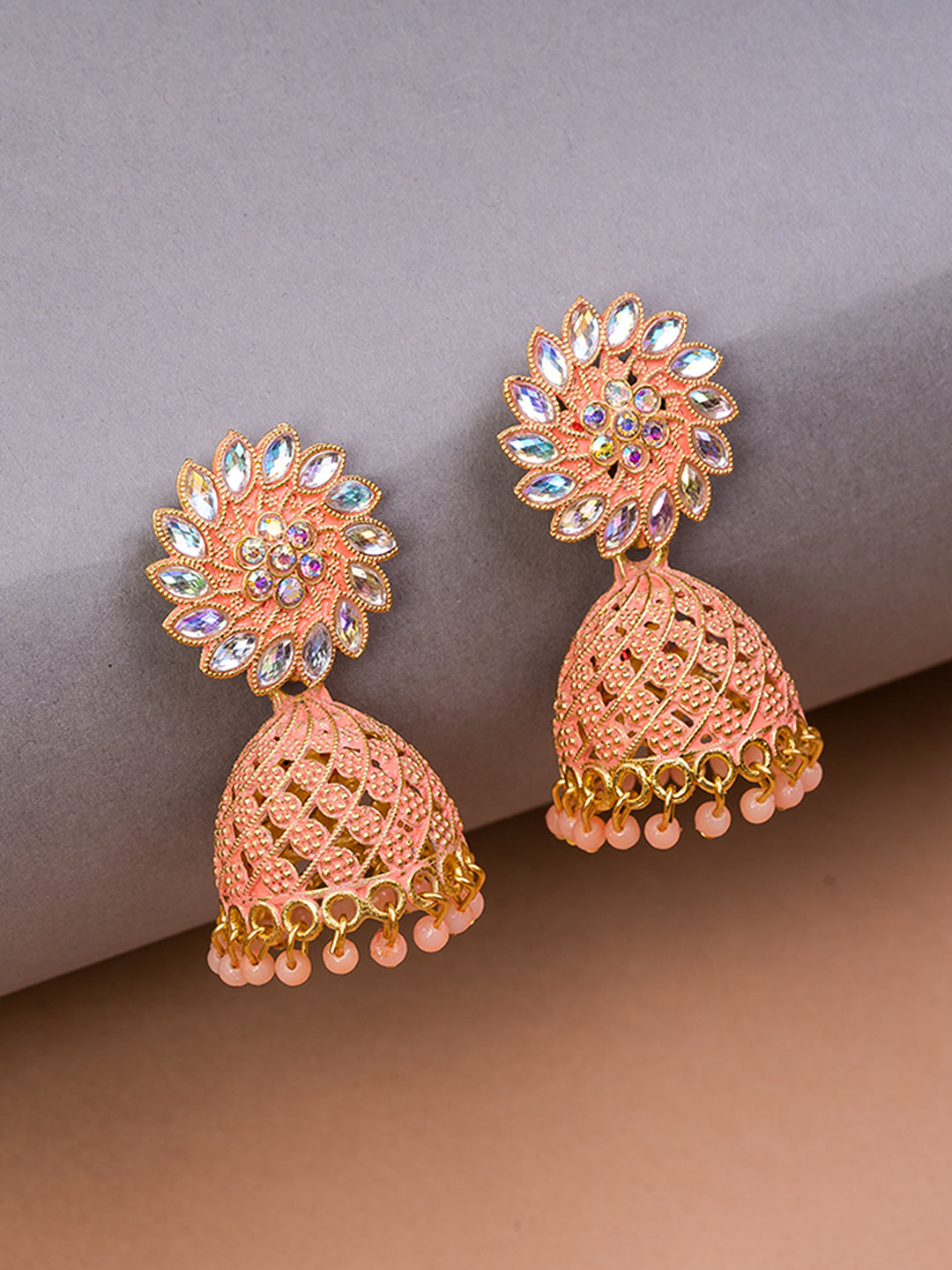 Golden & Peach Minakari Dome Shaped Jhumkas