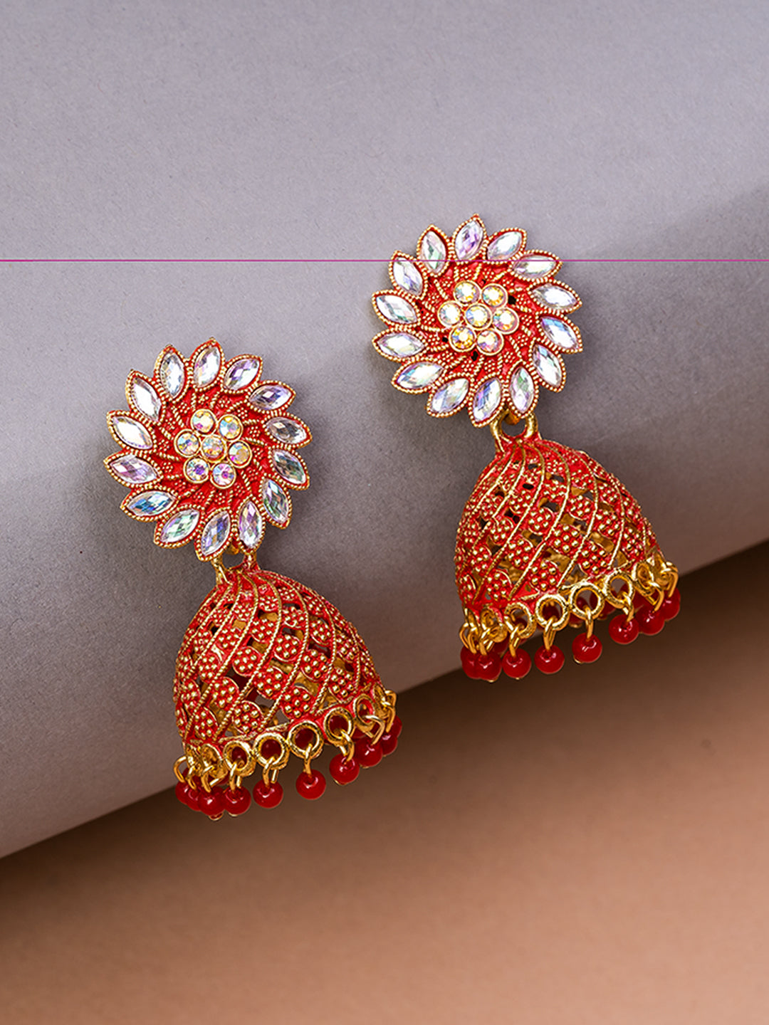 Golden & Red Dome Shaped Jhumkas