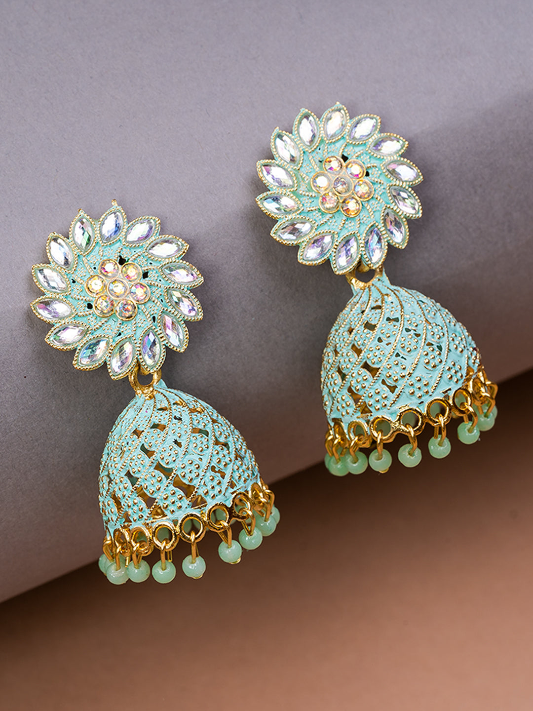 Golden & Sea-Green Minakari Dome Shaped Jhumkas