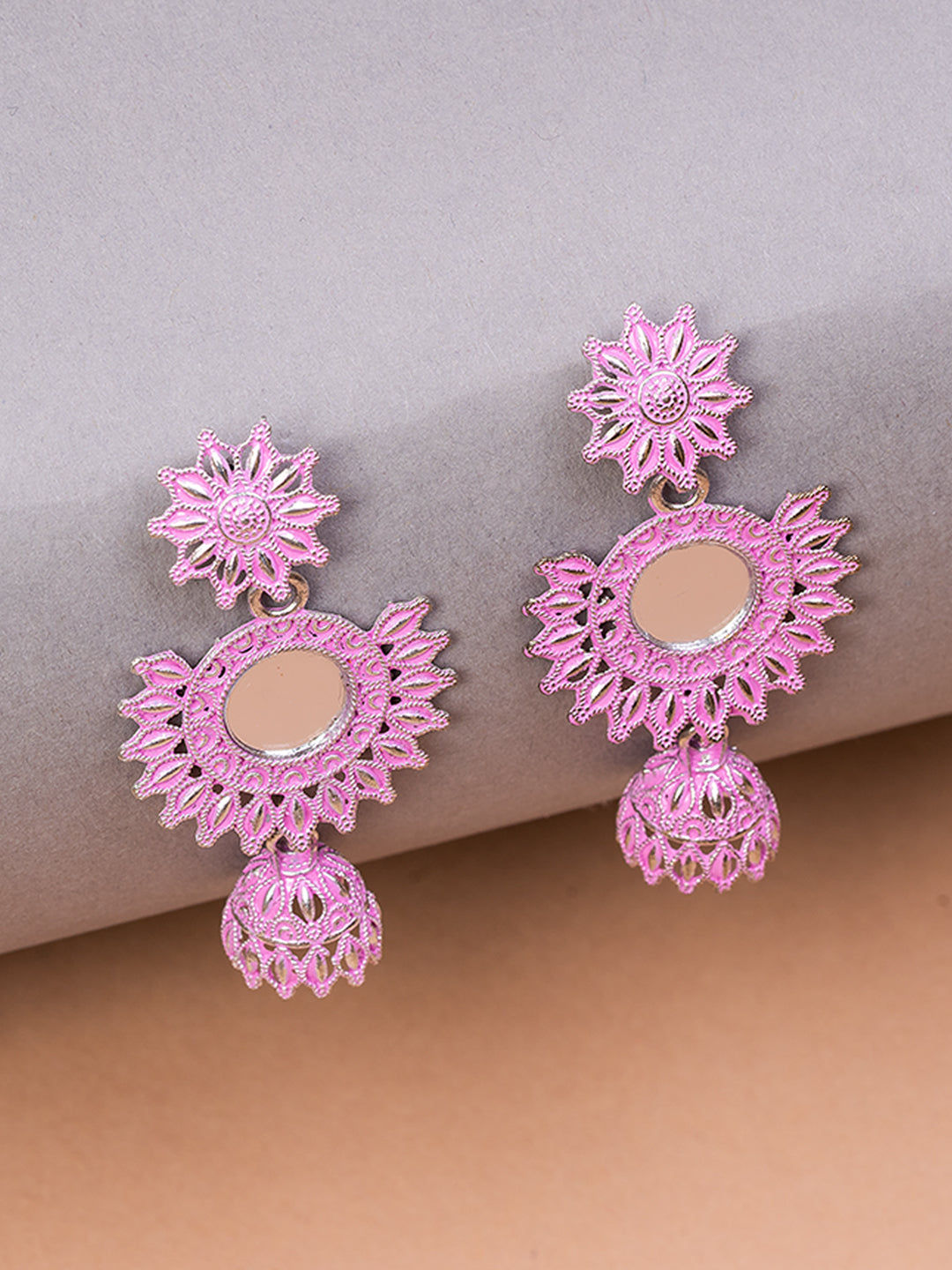 Silver & Pink Circular Drop Earrings
