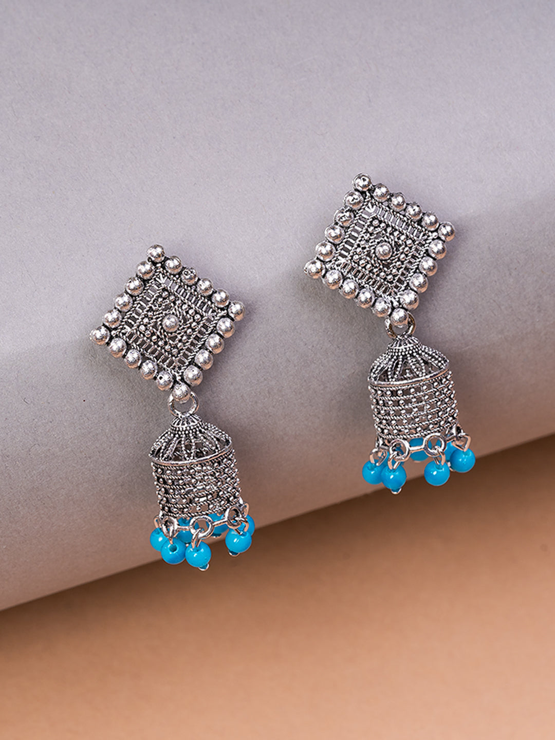 Silver & Blue Square Oxidised Earrings