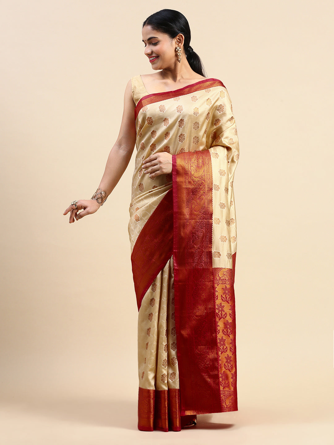 ITARA Beige Kanchipuram Butta Work Saree