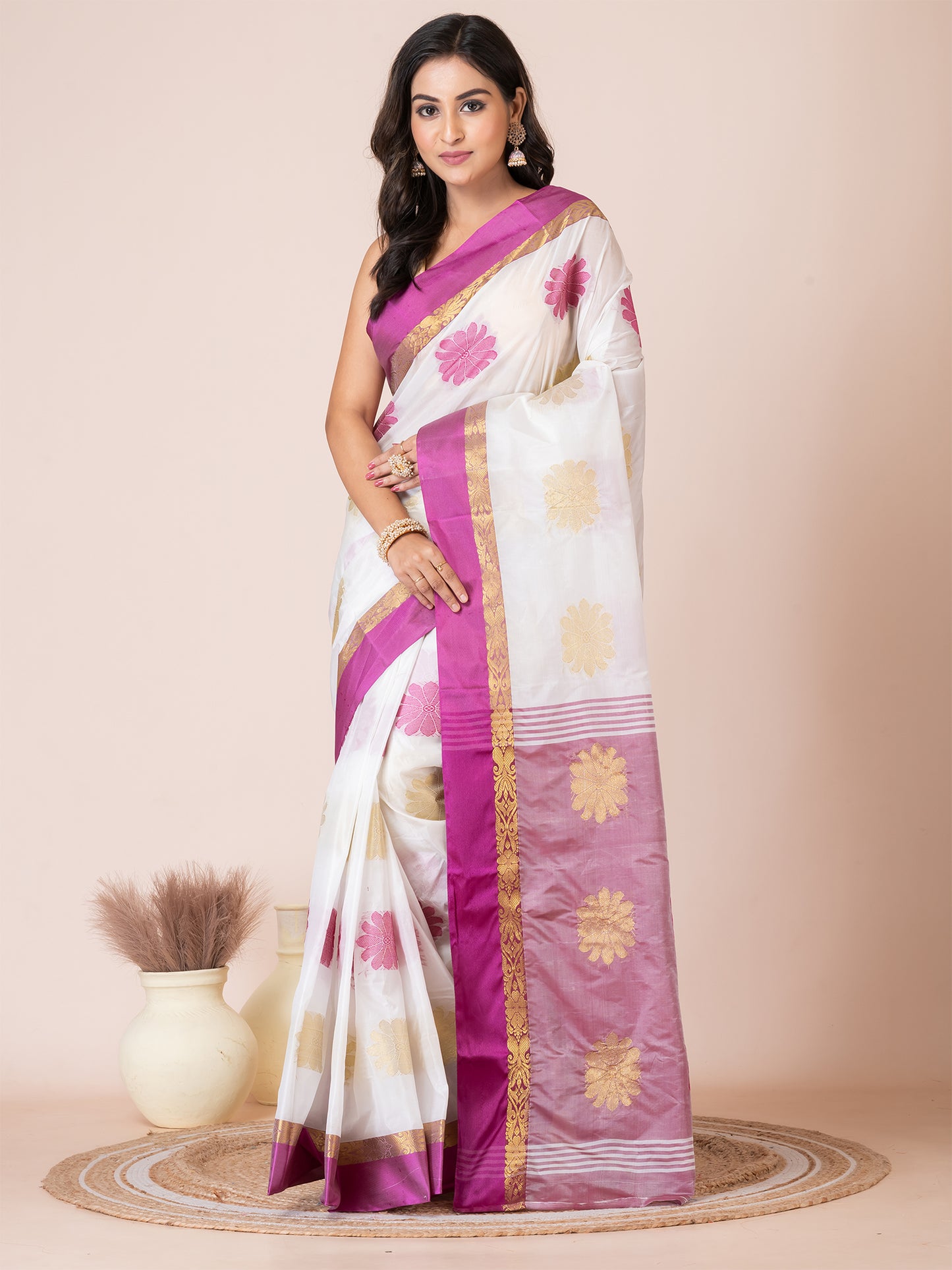 ITARA White & Purple Silk Floral Design Zari Work Tussar Saree