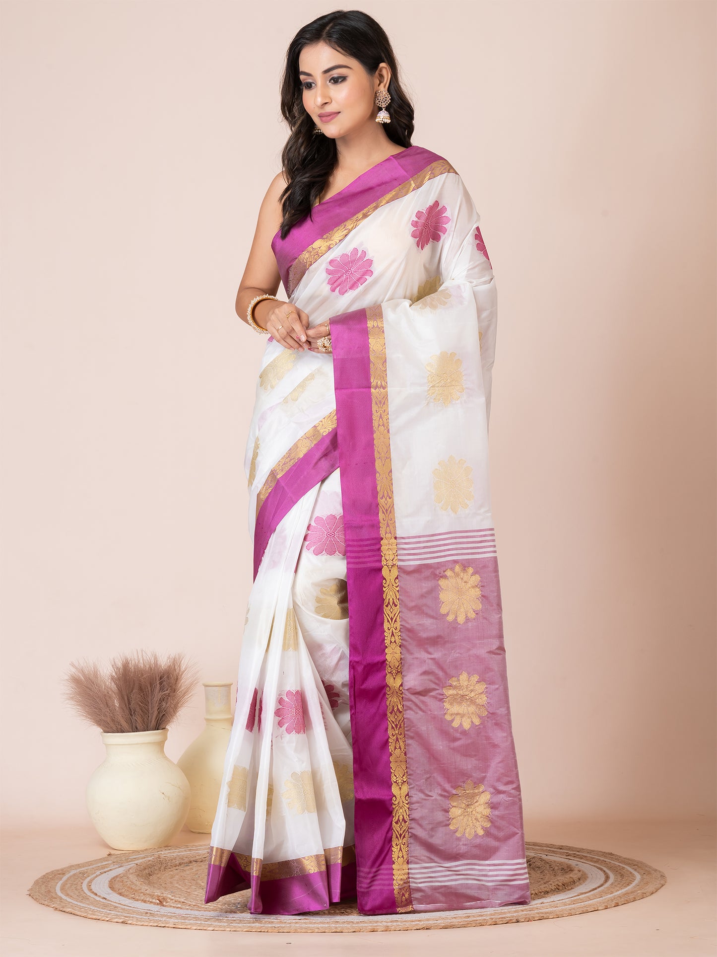 ITARA White & Purple Silk Floral Design Zari Work Tussar Saree