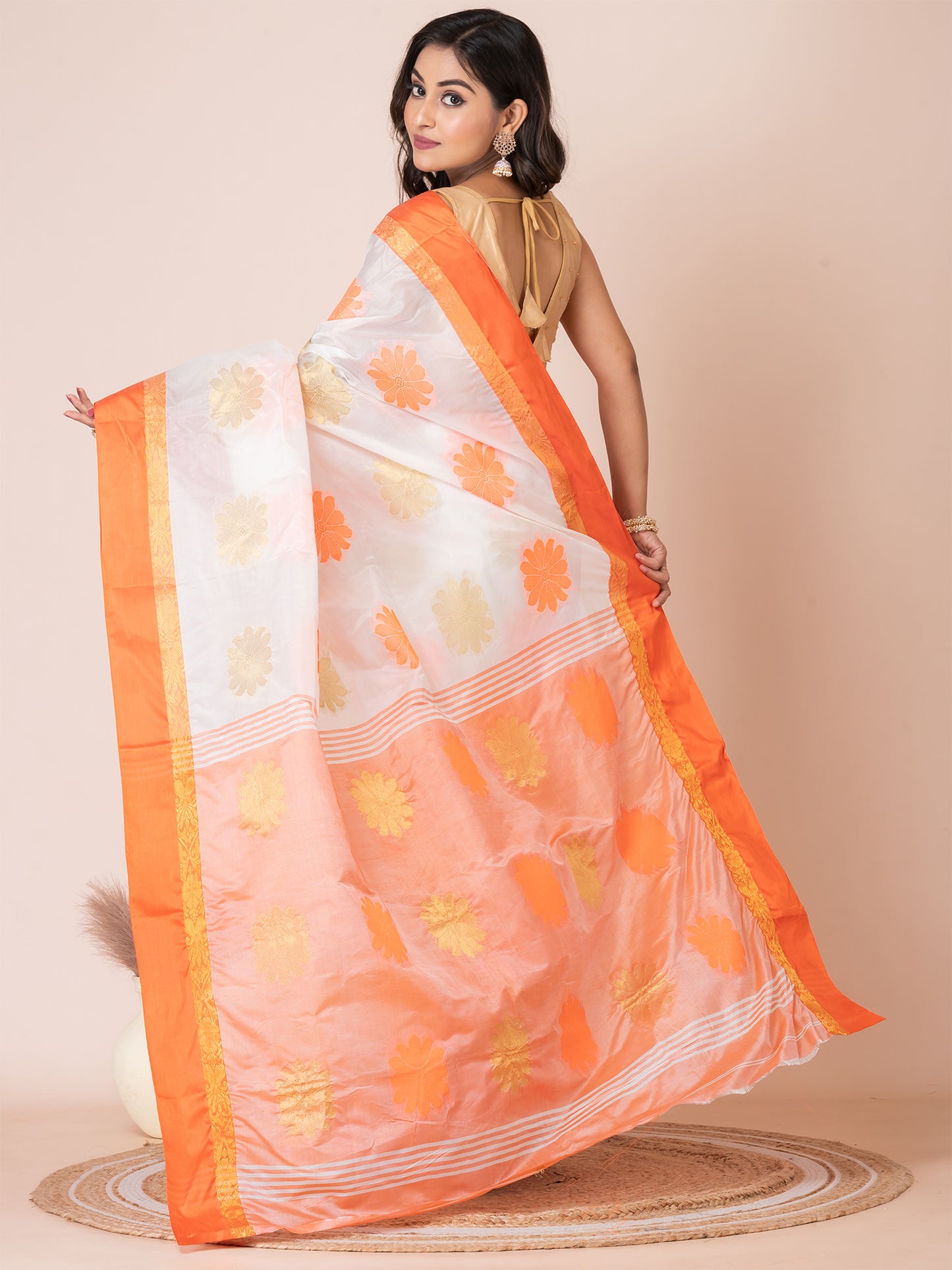 ITARA White & Orange Silk Floral Design Zari Work Tussar Saree