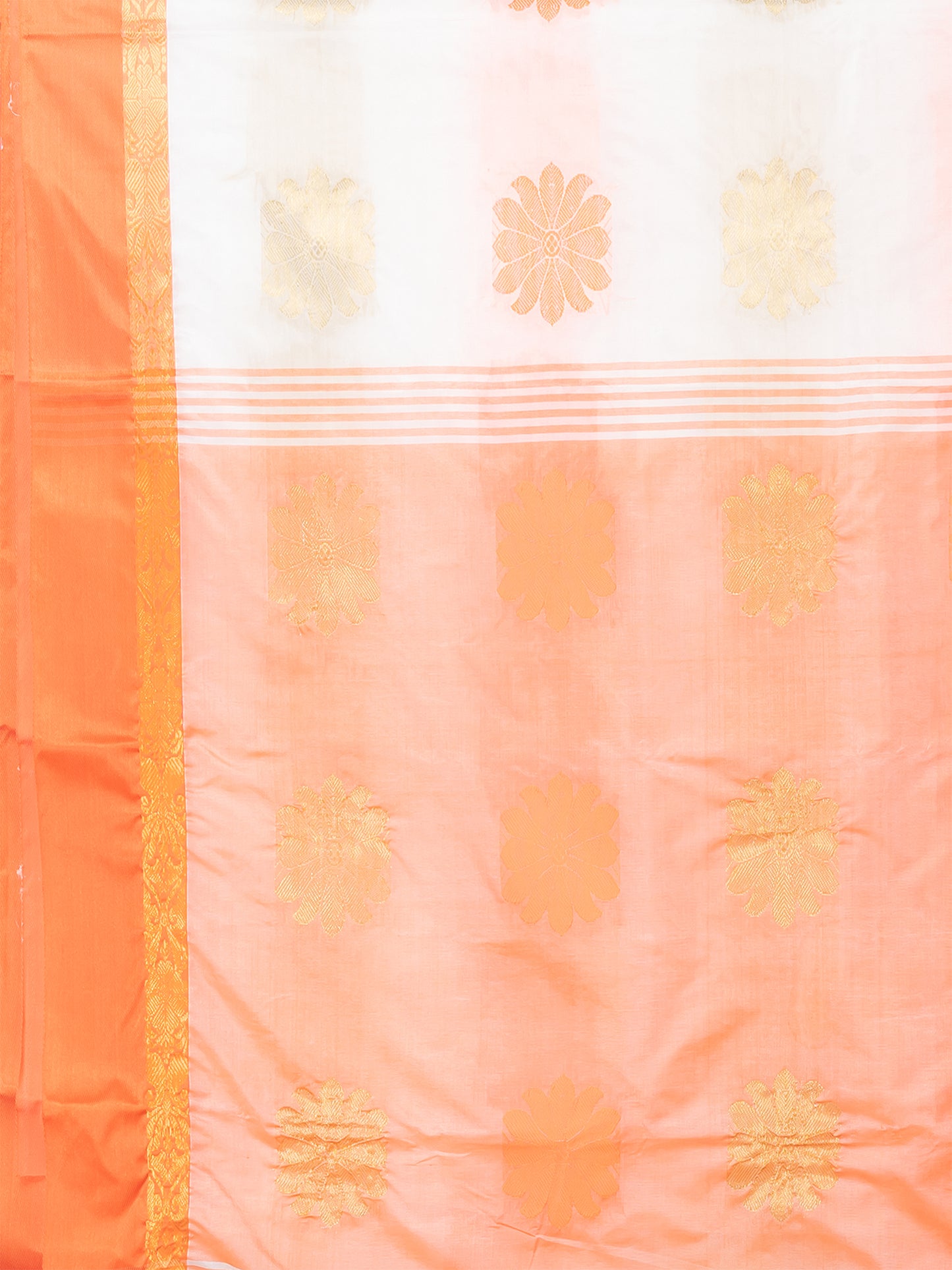 ITARA White & Orange Silk Floral Design Zari Work Tussar Saree