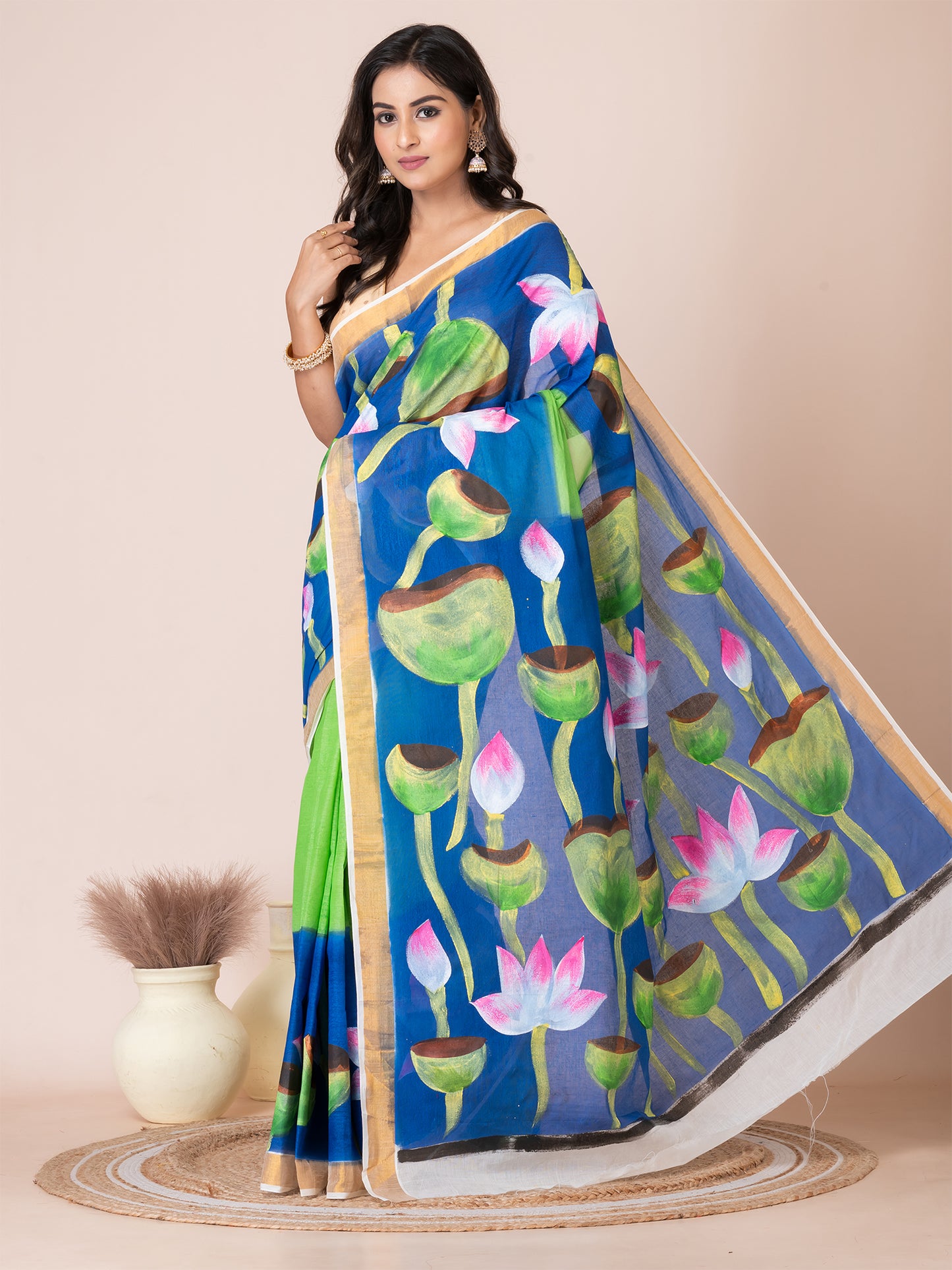 ITARA Green & Blue Lotus flower Cotton hand painted saree