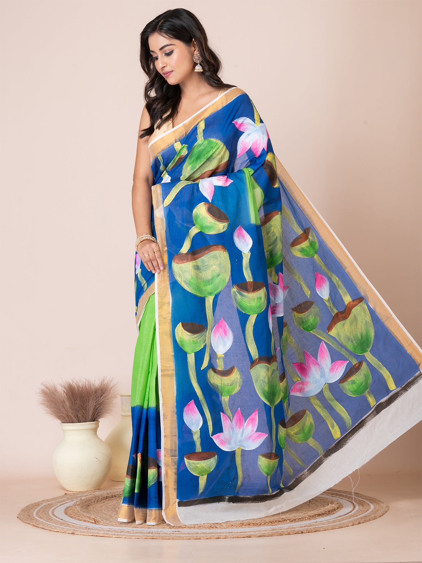 ITARA Green & Blue Lotus flower Cotton hand painted saree