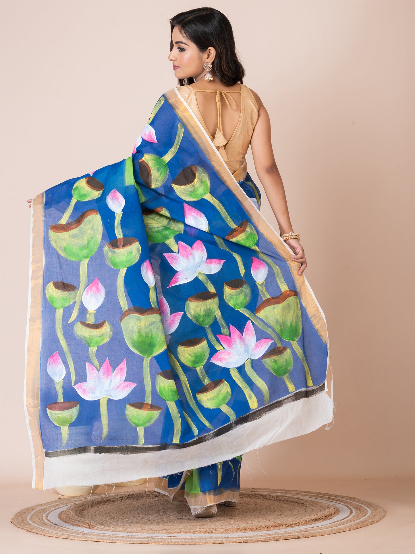 ITARA Green & Blue Lotus flower Cotton hand painted saree