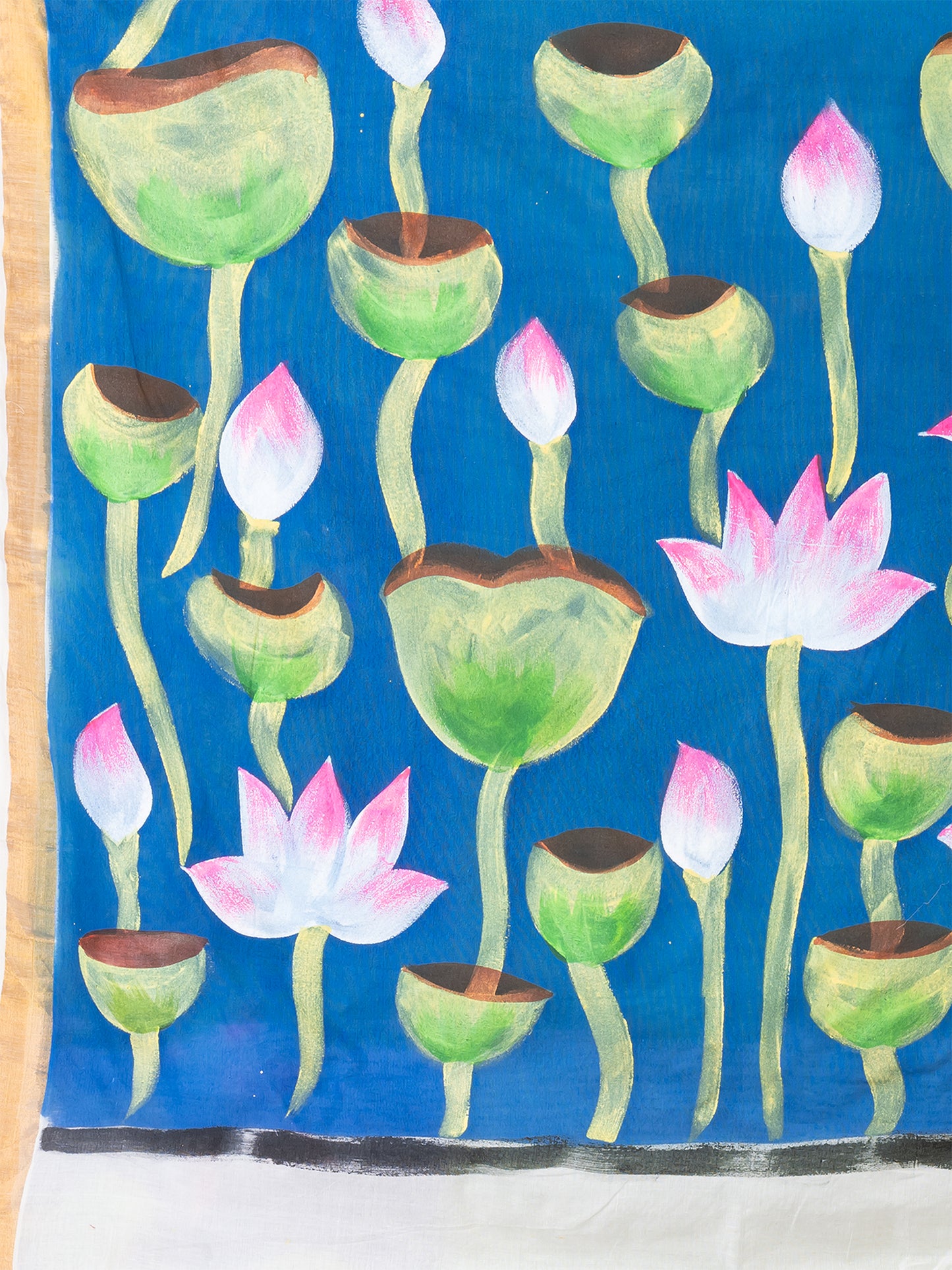 ITARA Green & Blue Lotus flower Cotton hand painted saree