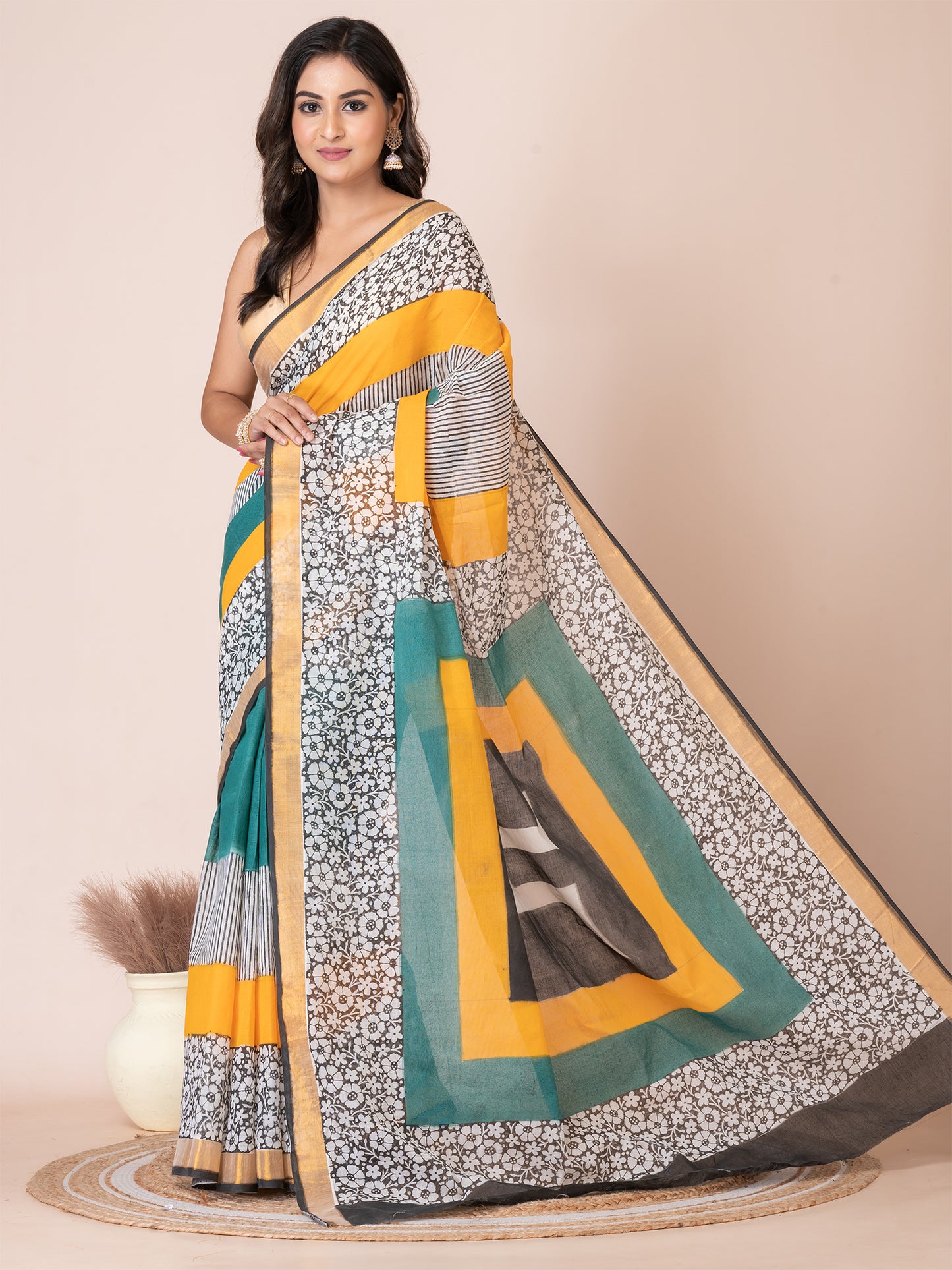 Beautiful Green & Multi floral Swastik design cotton hand painted saree by ITARA